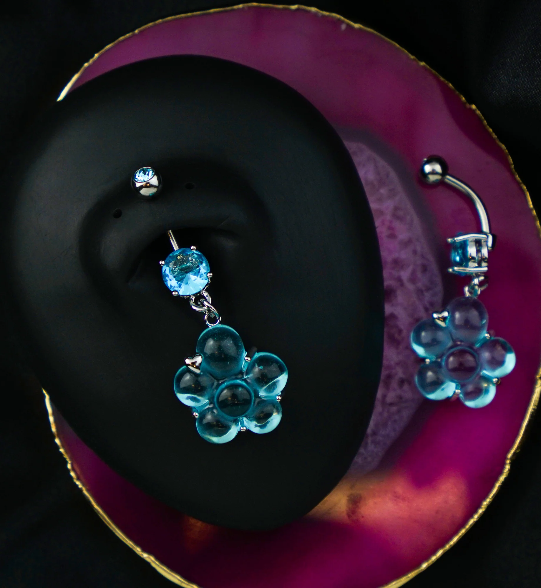 Flower Pressed Fit Aqua CZ Dangle Stainless Steel Belly Button Ring - Image 2
