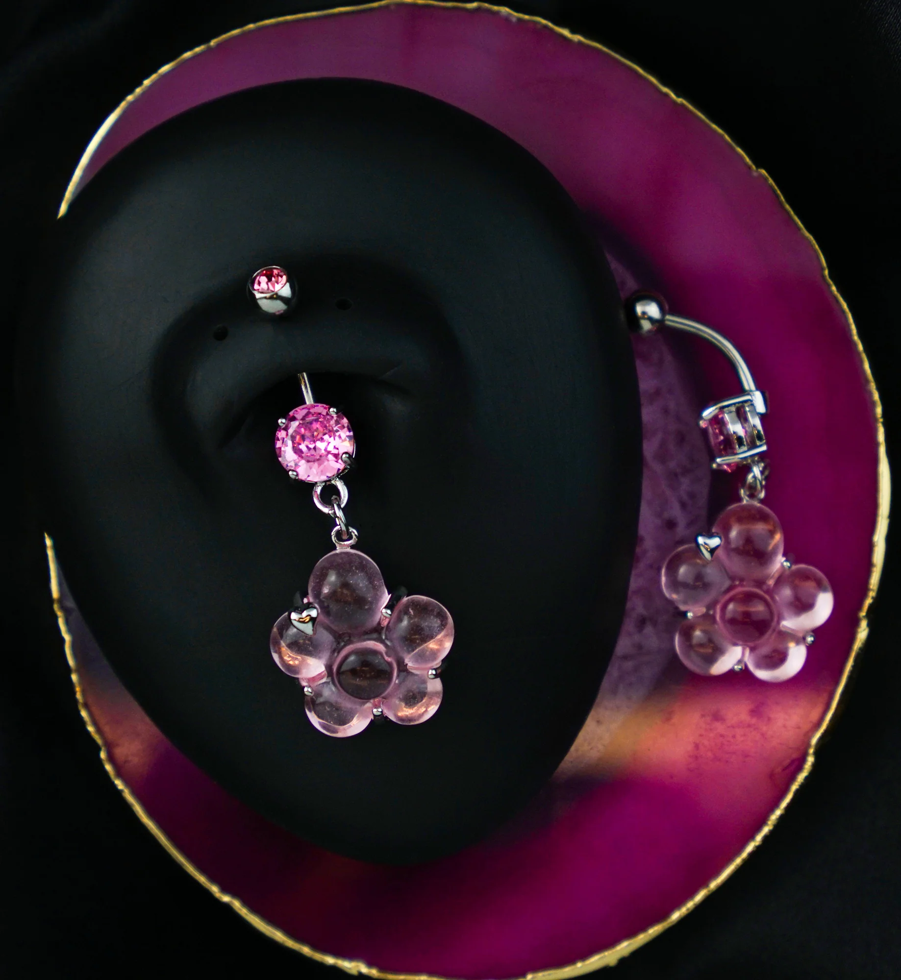 Flower Pressed Fit Pink CZ Dangle Stainless Steel Belly Button Ring - Image 2