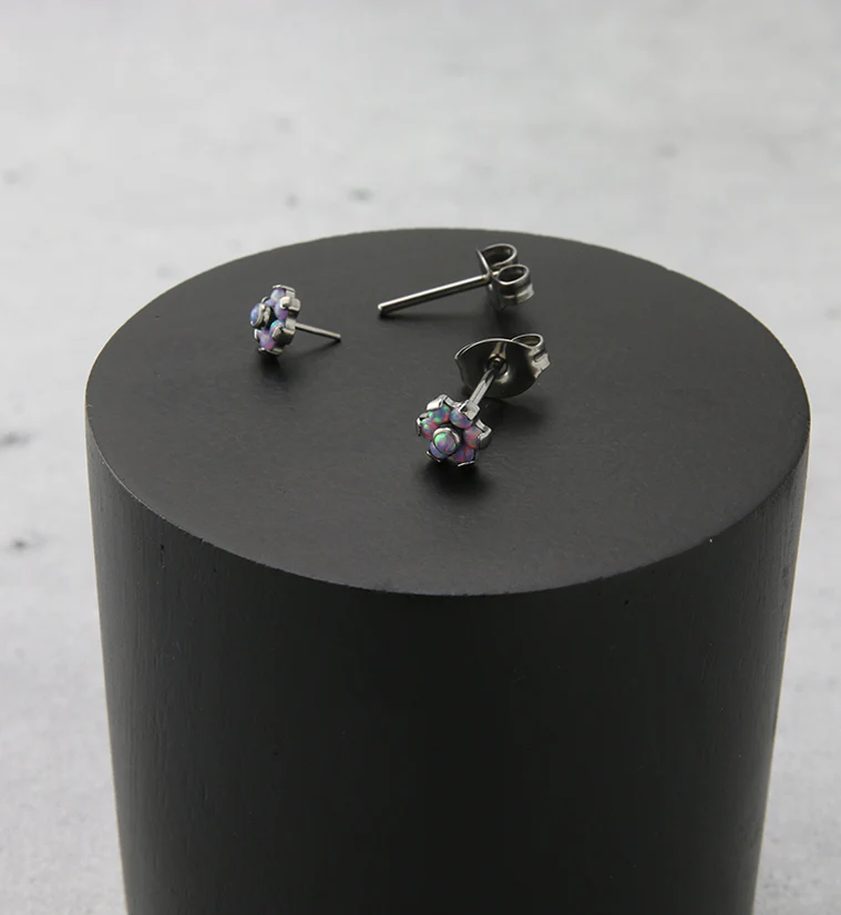 Flower Purple Opalite Titanium Threadless Earrings - Image 2