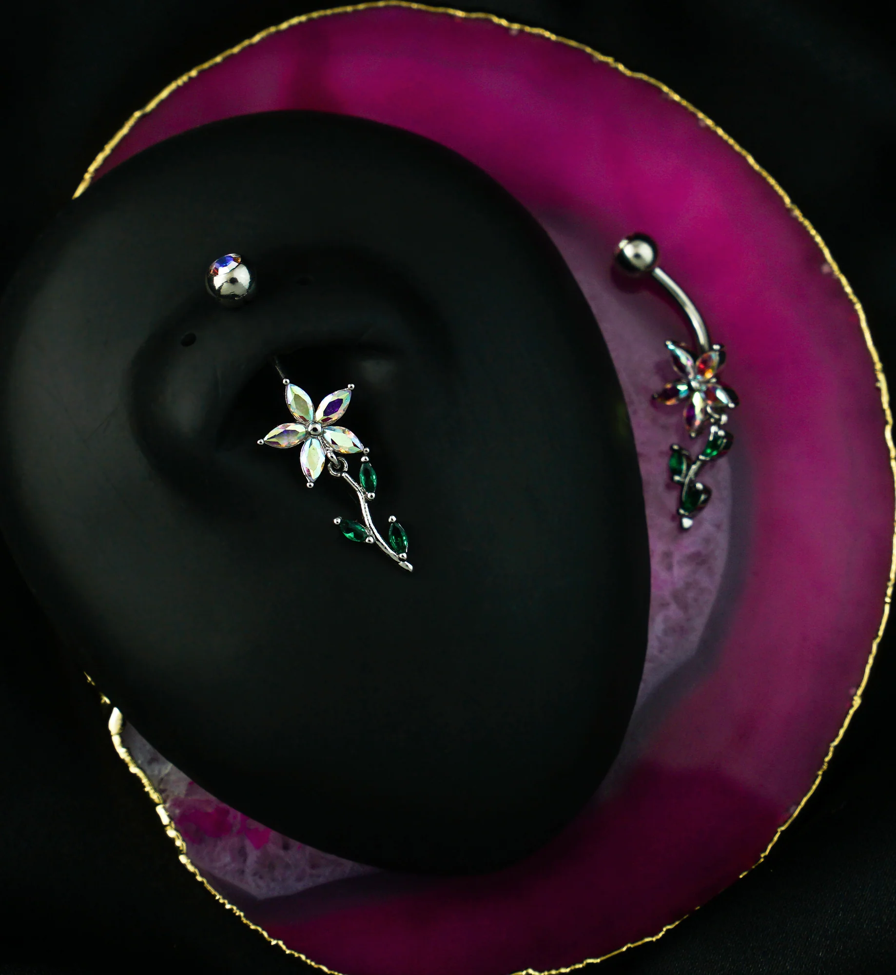 Flower Rainbow Aurora And Emerald CZ Dangle Stainless Steel Belly Button Ring - Image 2