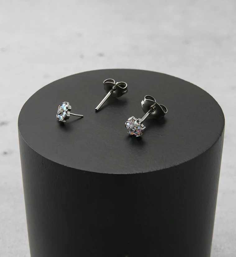 Flower Rainbow Aurora CZ Titanium Threadless Earrings - Image 2