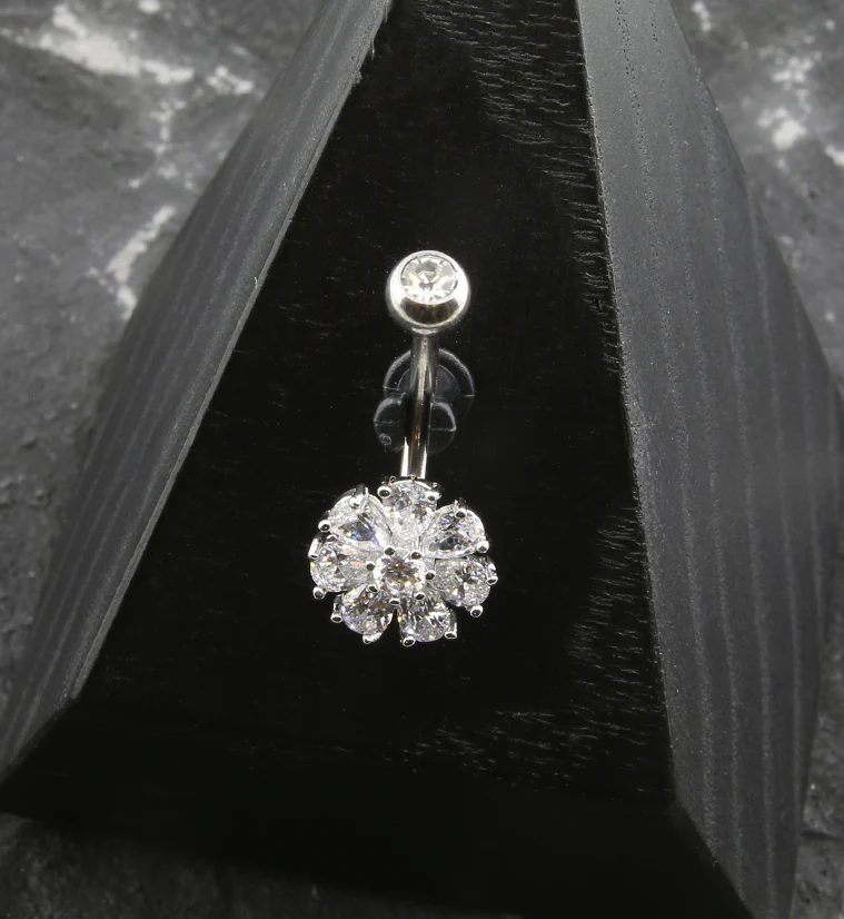 Flower Teardrop Clear CZ Stainless Steel Belly Button Ring - Image 2