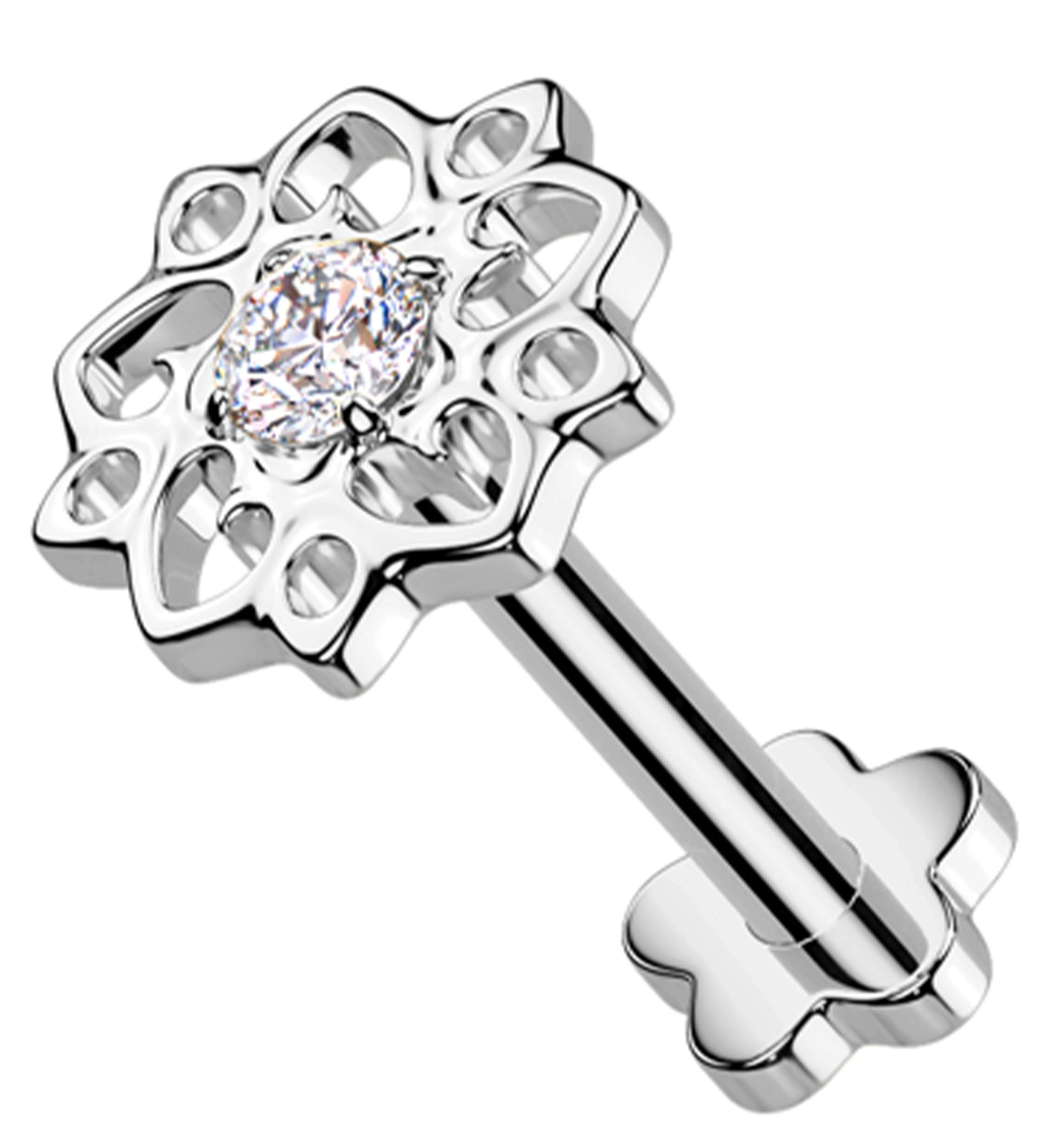 Flower Urge Clear CZ Threadless Titanium Flower Back Labret