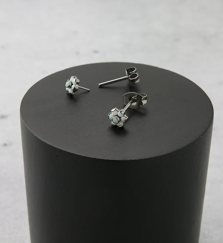 Flower White Opalite Titanium Threadless Earrings - Image 2