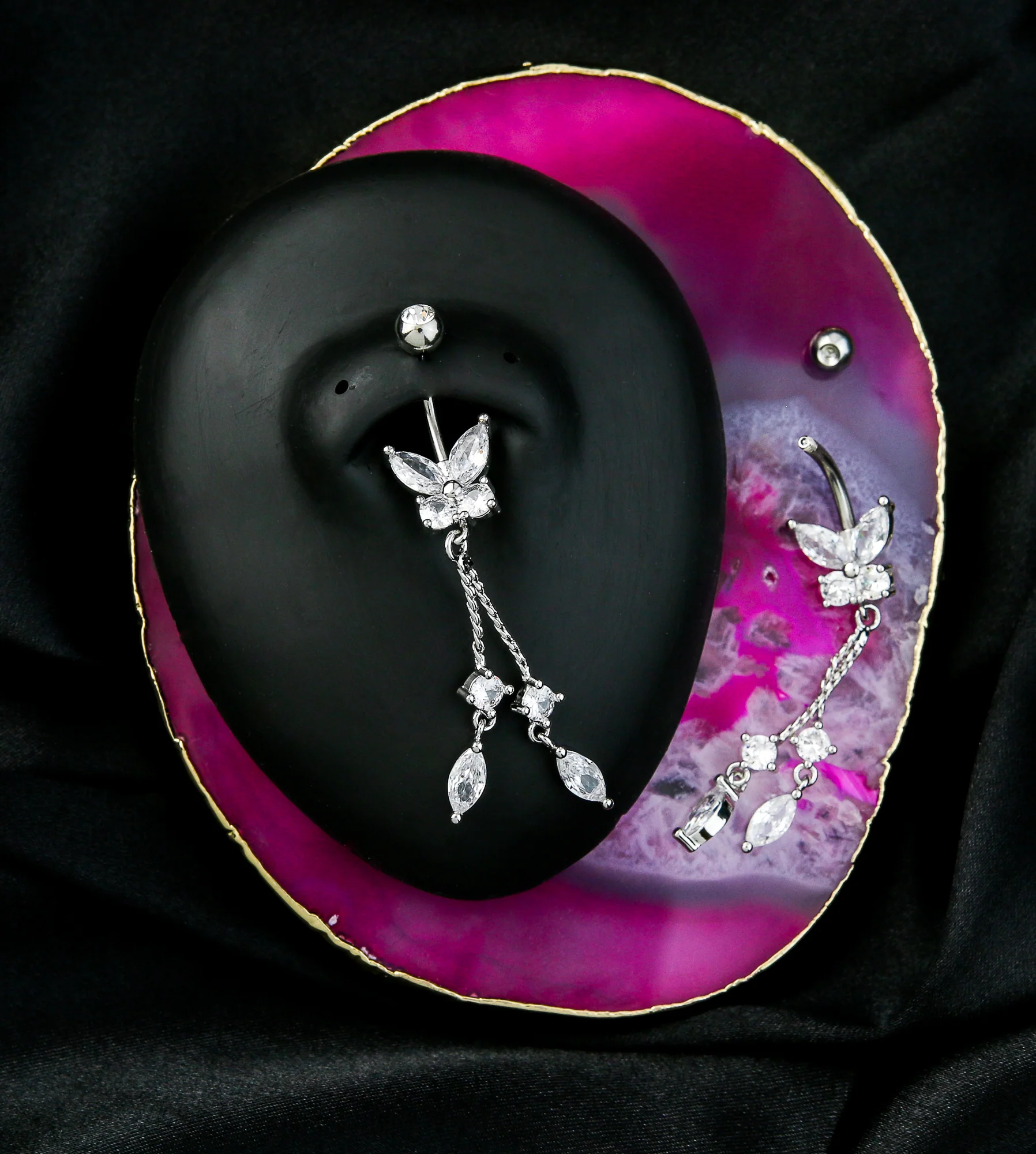 Flying Marquise Butterfly Clear CZ Dangle Stainless Steel Belly Button Ring - Image 2