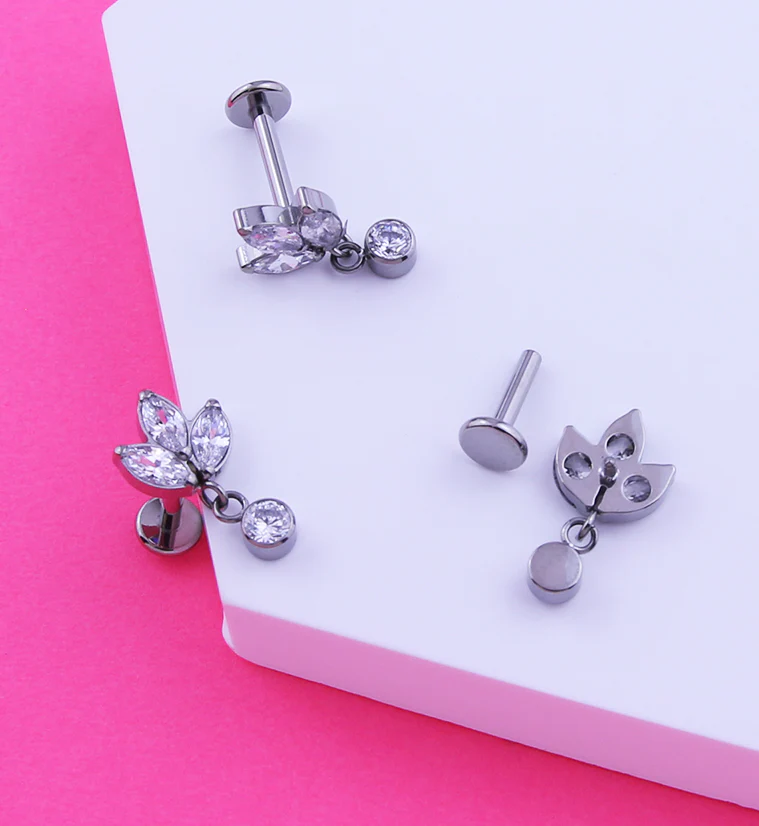 Frond Dangle Clear CZ Internally Threaded Titanium Labret - Image 2