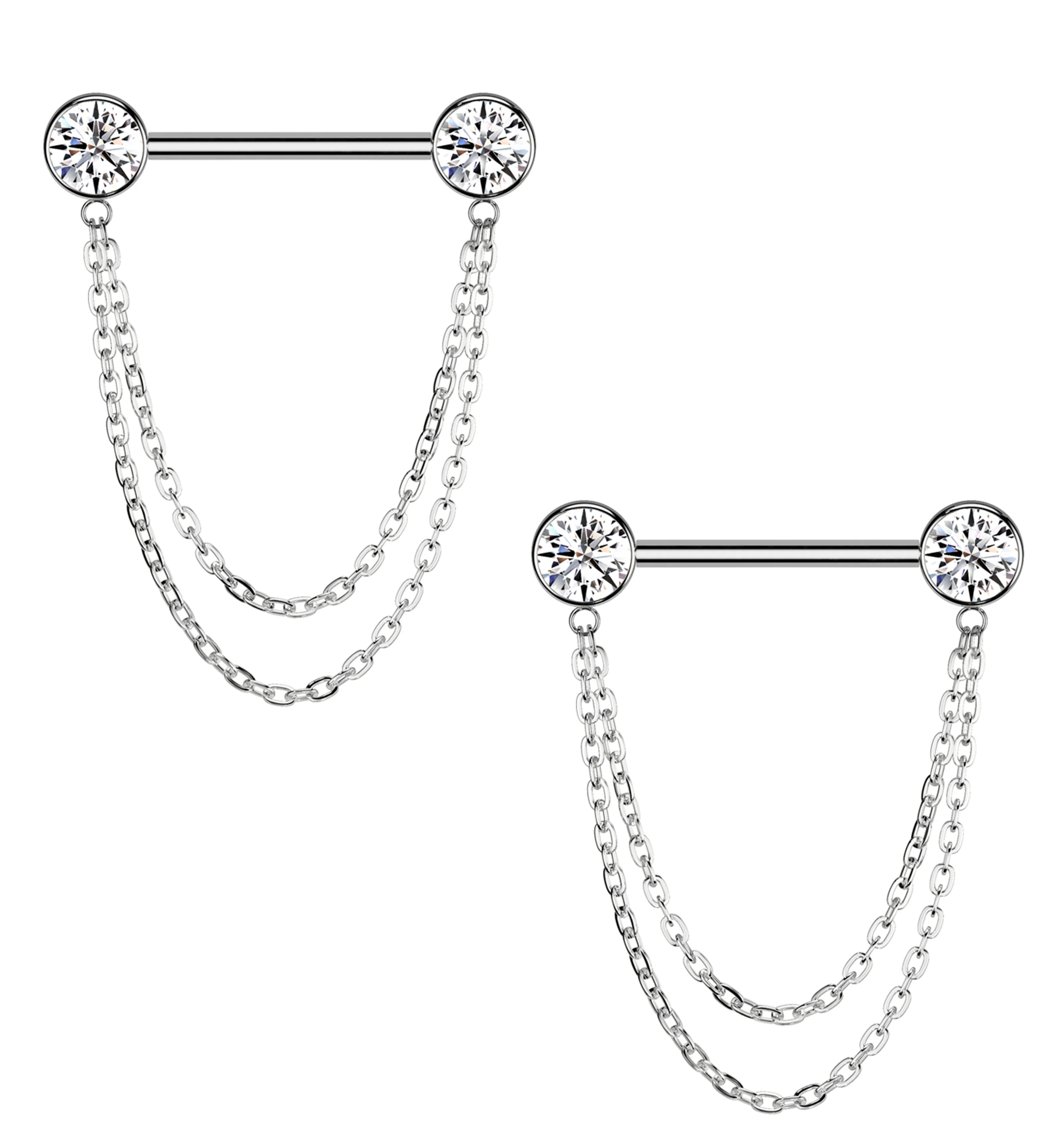 Front Facing Clear CZ Double Dangle Threadless Titanium Nipple Barbell