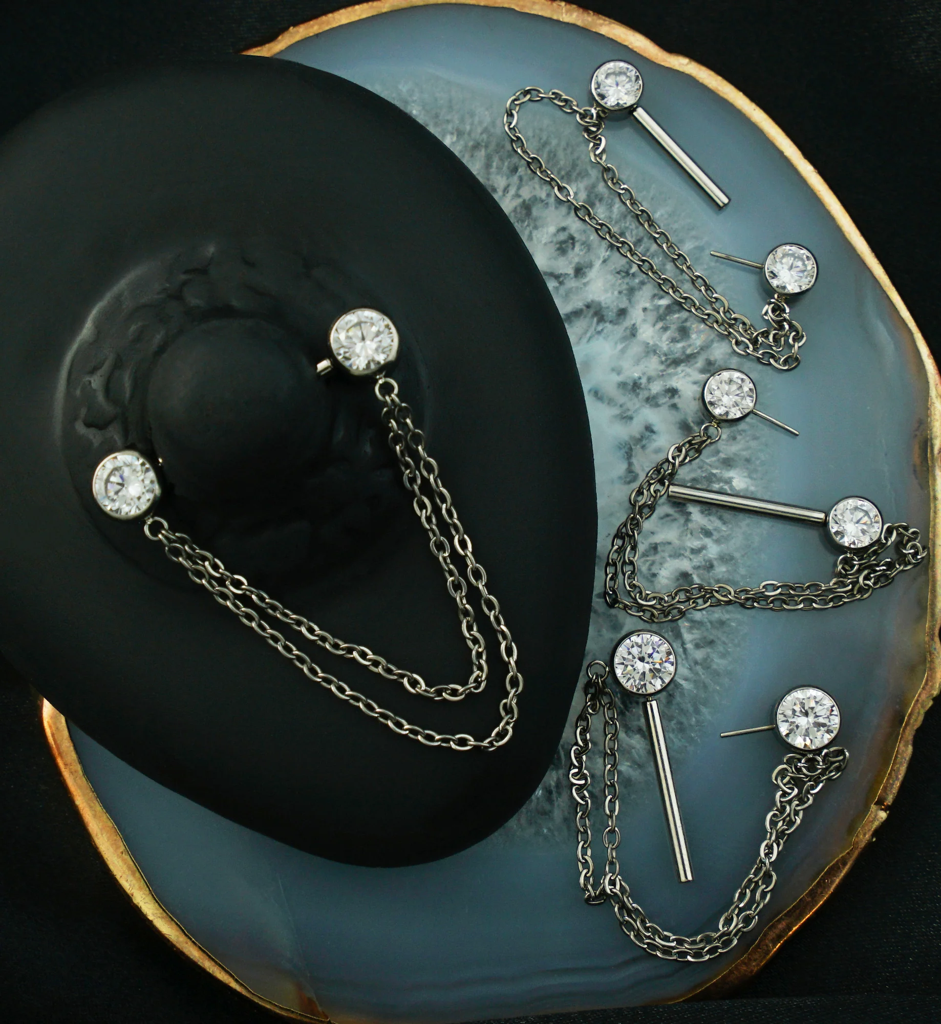Front Facing Clear CZ Double Dangle Threadless Titanium Nipple Barbell - Image 2