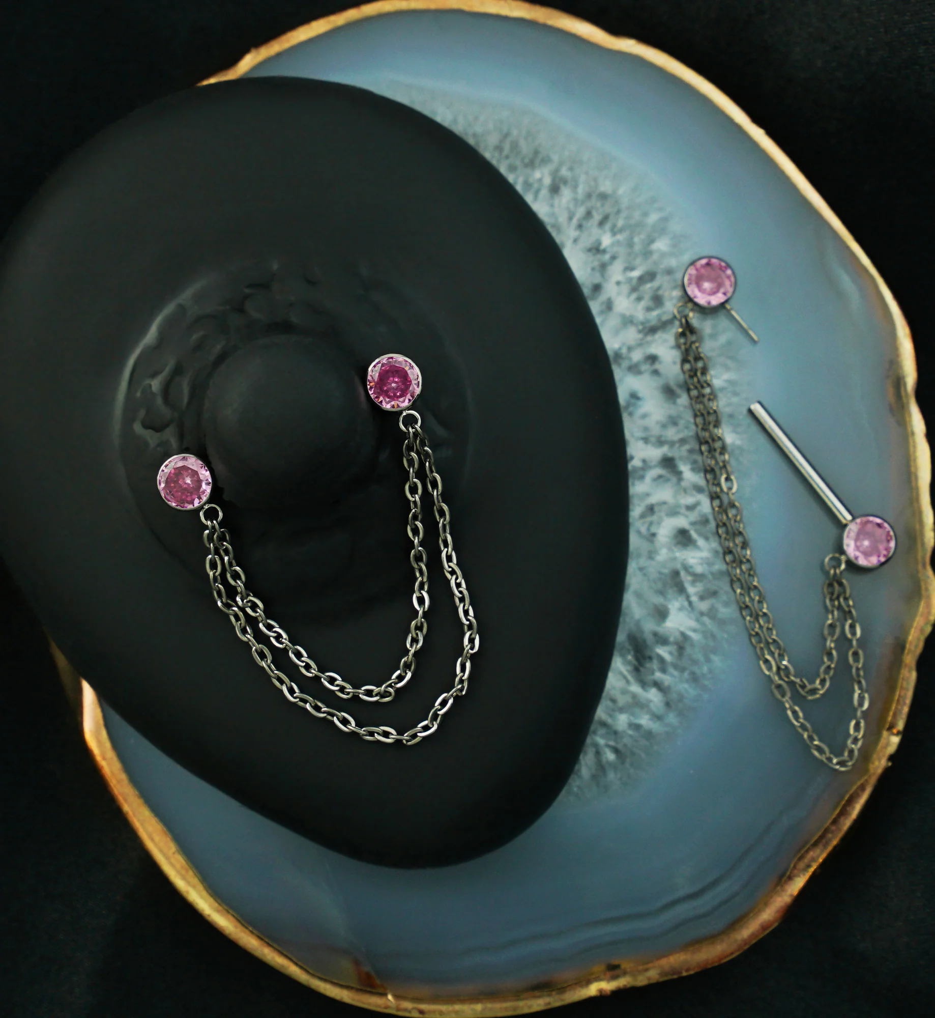 Front Facing Pink CZ Double Dangle Threadless Titanium Nipple Barbell - Image 2