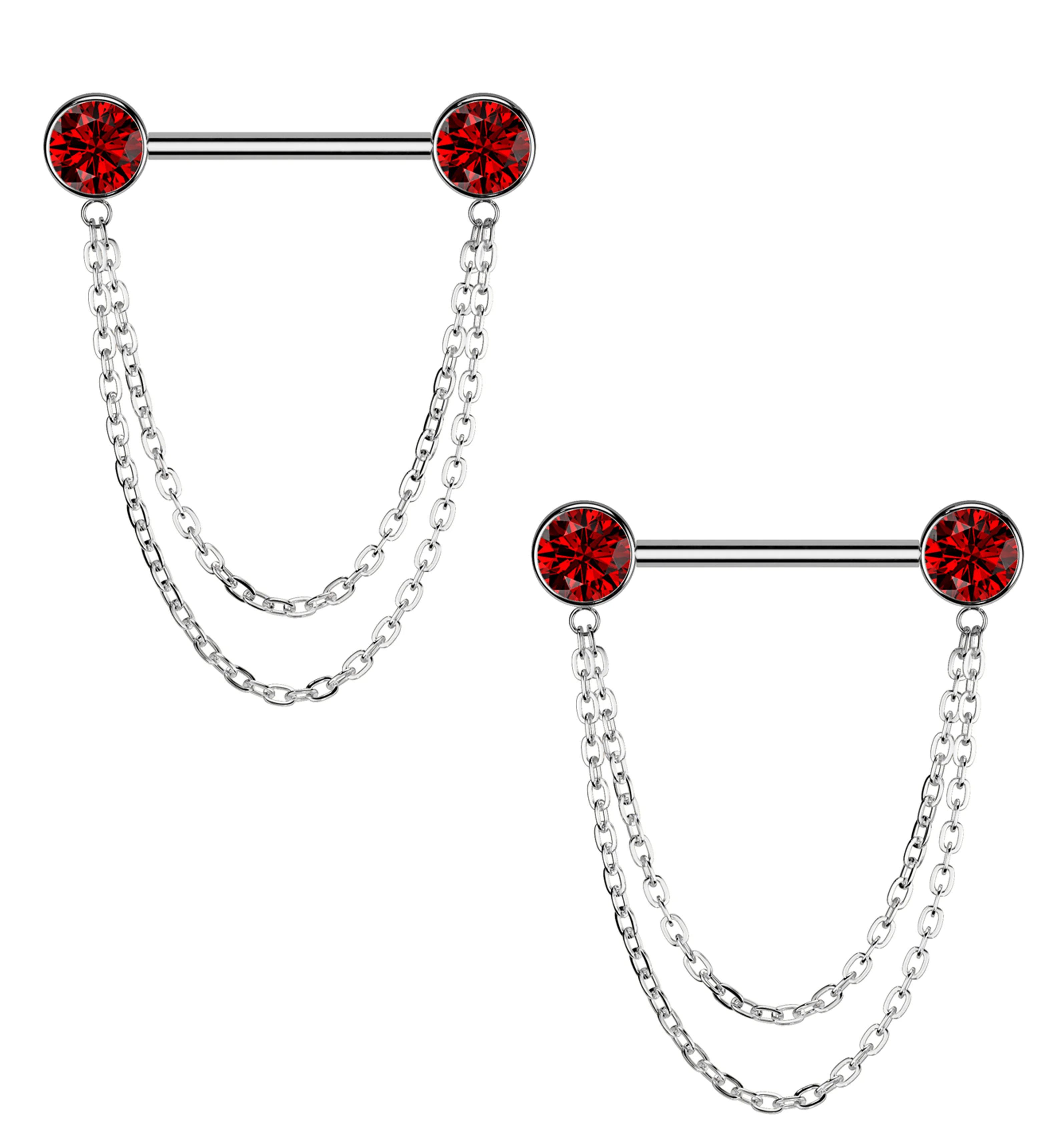 Front Facing Red CZ Double Dangle Threadless Titanium Nipple Barbell