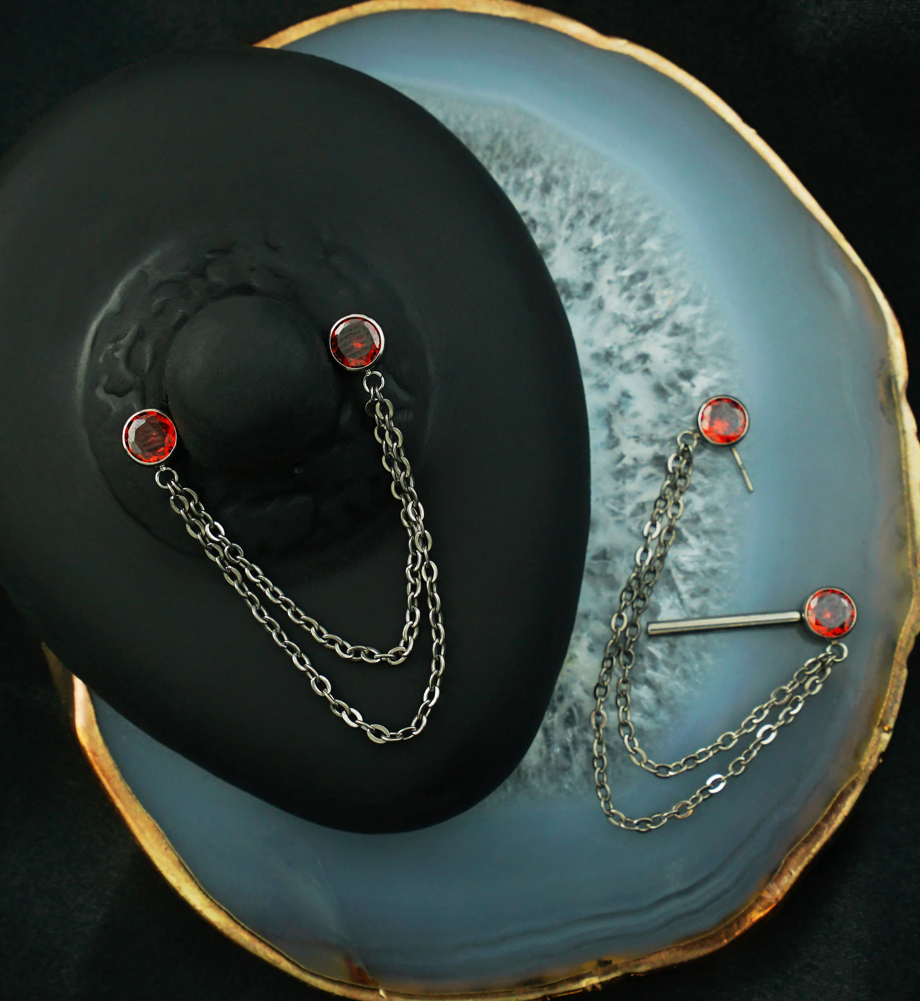Front Facing Red CZ Double Dangle Threadless Titanium Nipple Barbell - Image 2