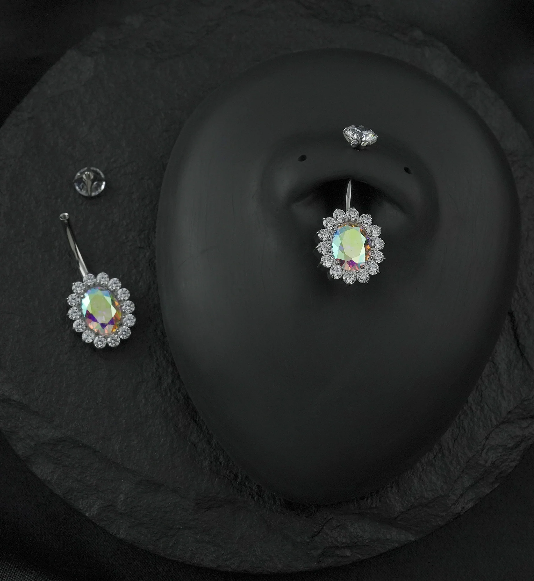 Gild Oval Rainbow Aurora CZ Titanium Internally Threaded Belly Button Ring - Image 2