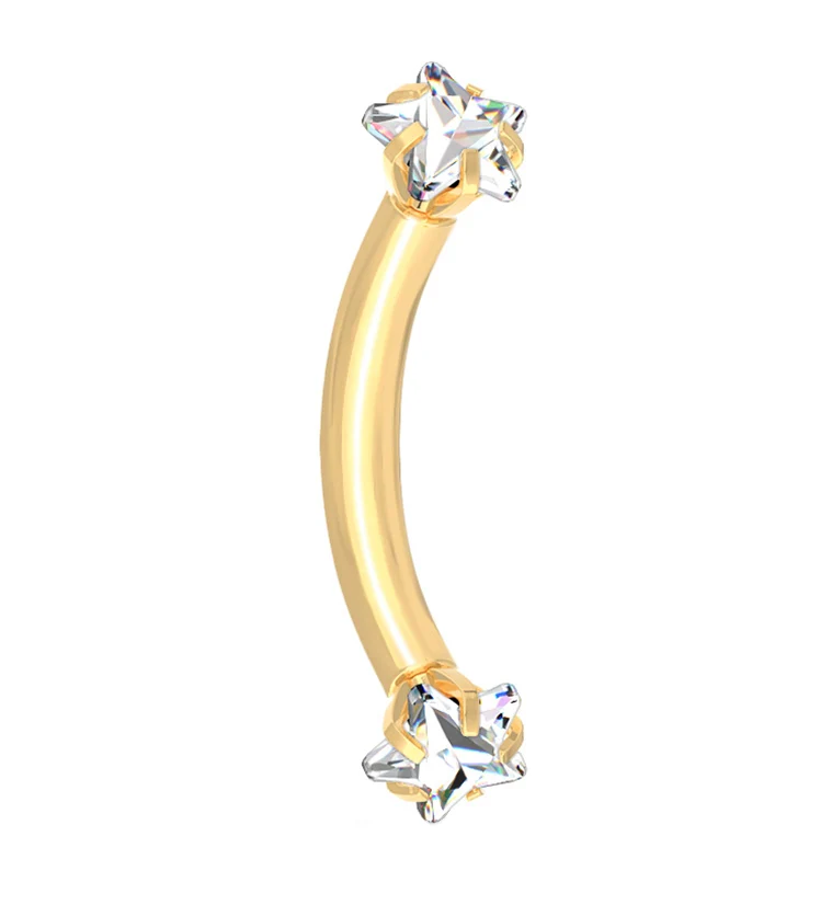 Gold PVD Clear Star CZ Prong Set Stainless Steel Curved Barbell