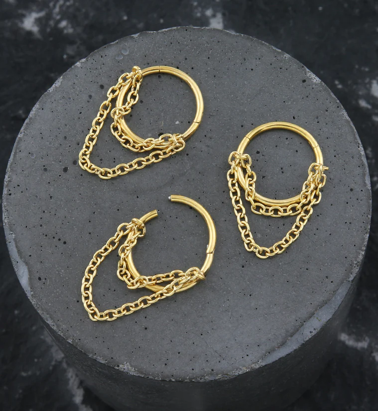 Gold PVD Abaft Double Dangle Chain Hinged Segment Ring Stainless Steel - Image 2