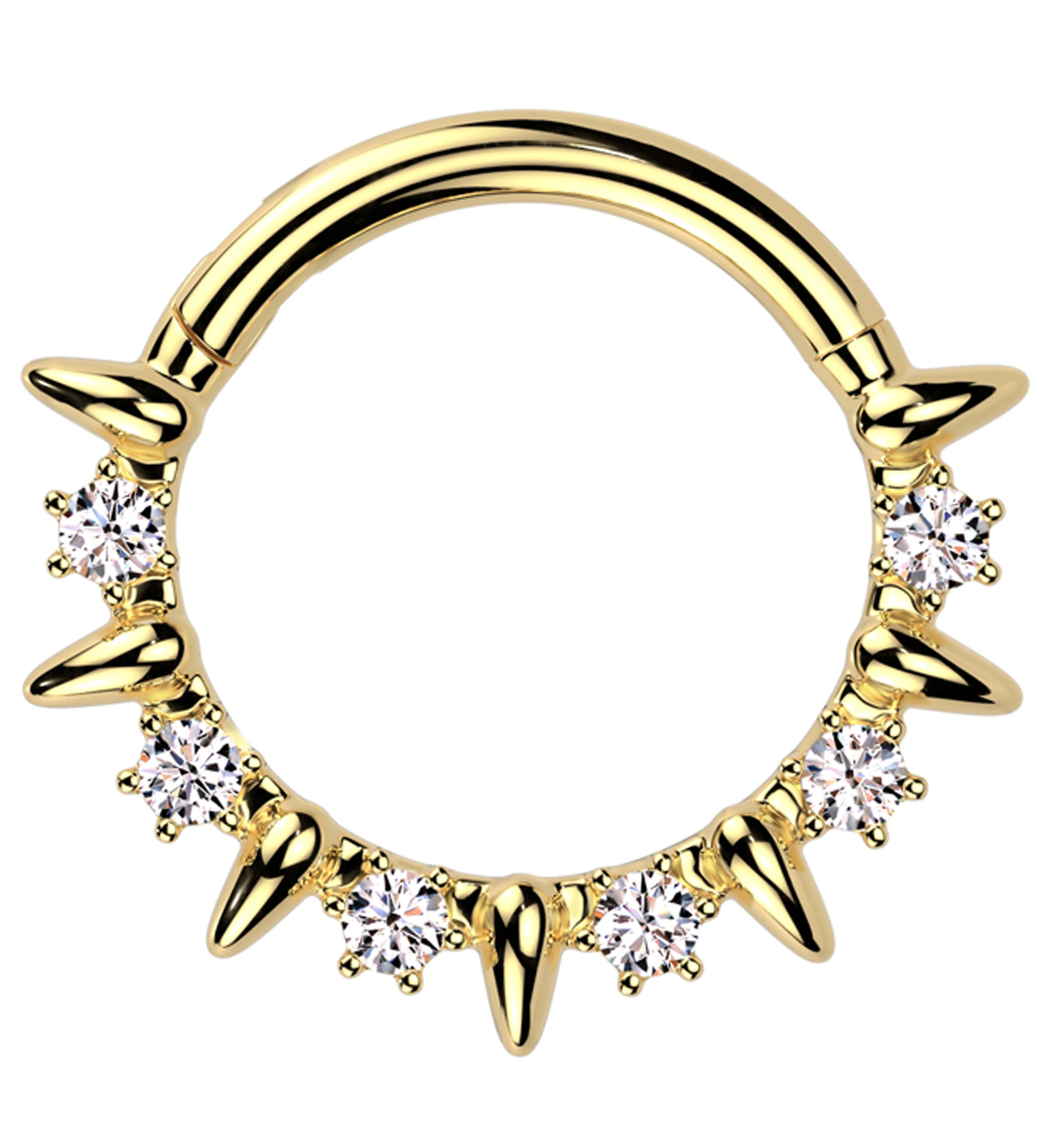 Gold PVD Alternate Spikes Clear CZ Stainless Steel Hinged Segment Ring