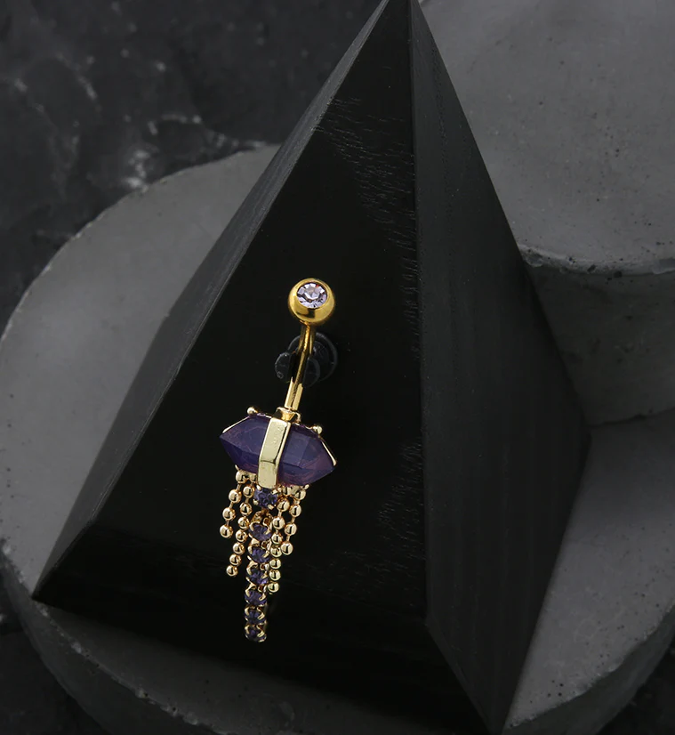 Gold PVD Amethyst Crystal Bead Chain Stainless Steel Belly Button Ring - Image 2