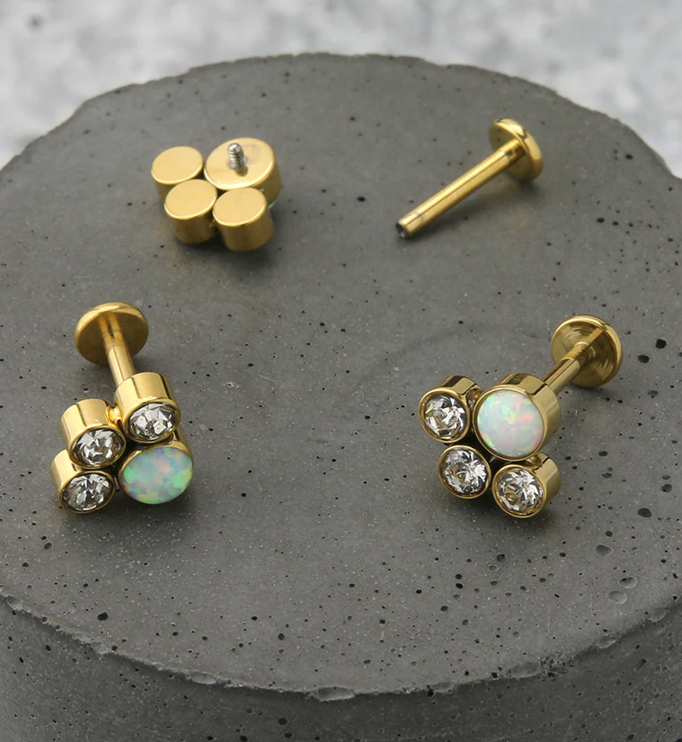 Gold PVD Array White Opalite Clear CZ Titanium Internally Threaded Labret - Image 2