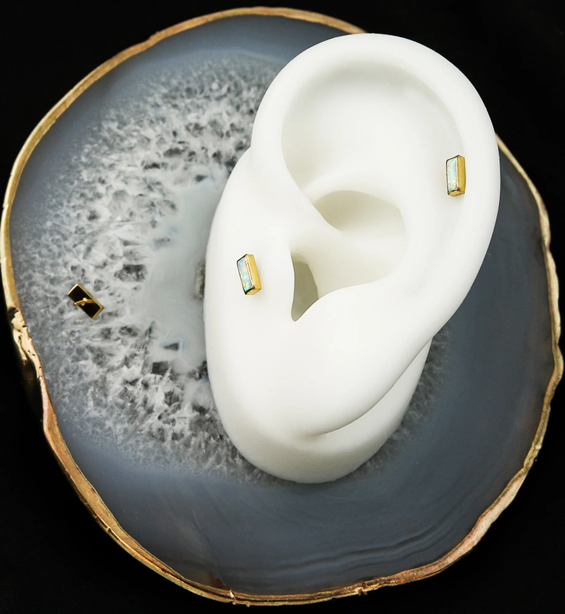 Gold PVD Baguette White Opalite Threadless Titanium Top - Image 2