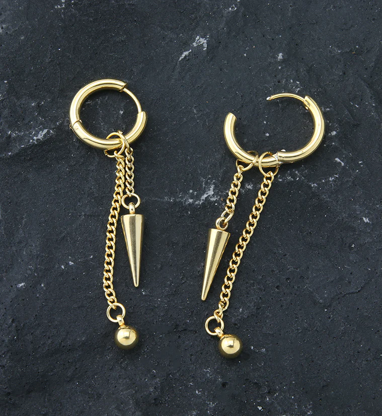 Gold PVD Ball Cone Dangle Stainless Steel Hoop Earrings - Image 2