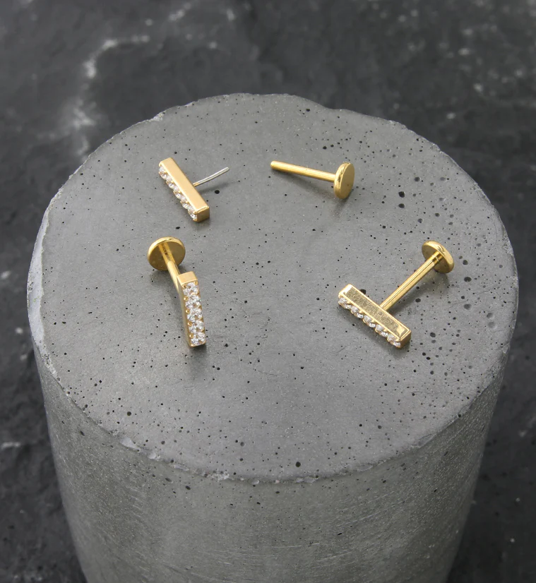 Gold PVD Bar Clear CZ Titanium Threadless Labret - Image 2