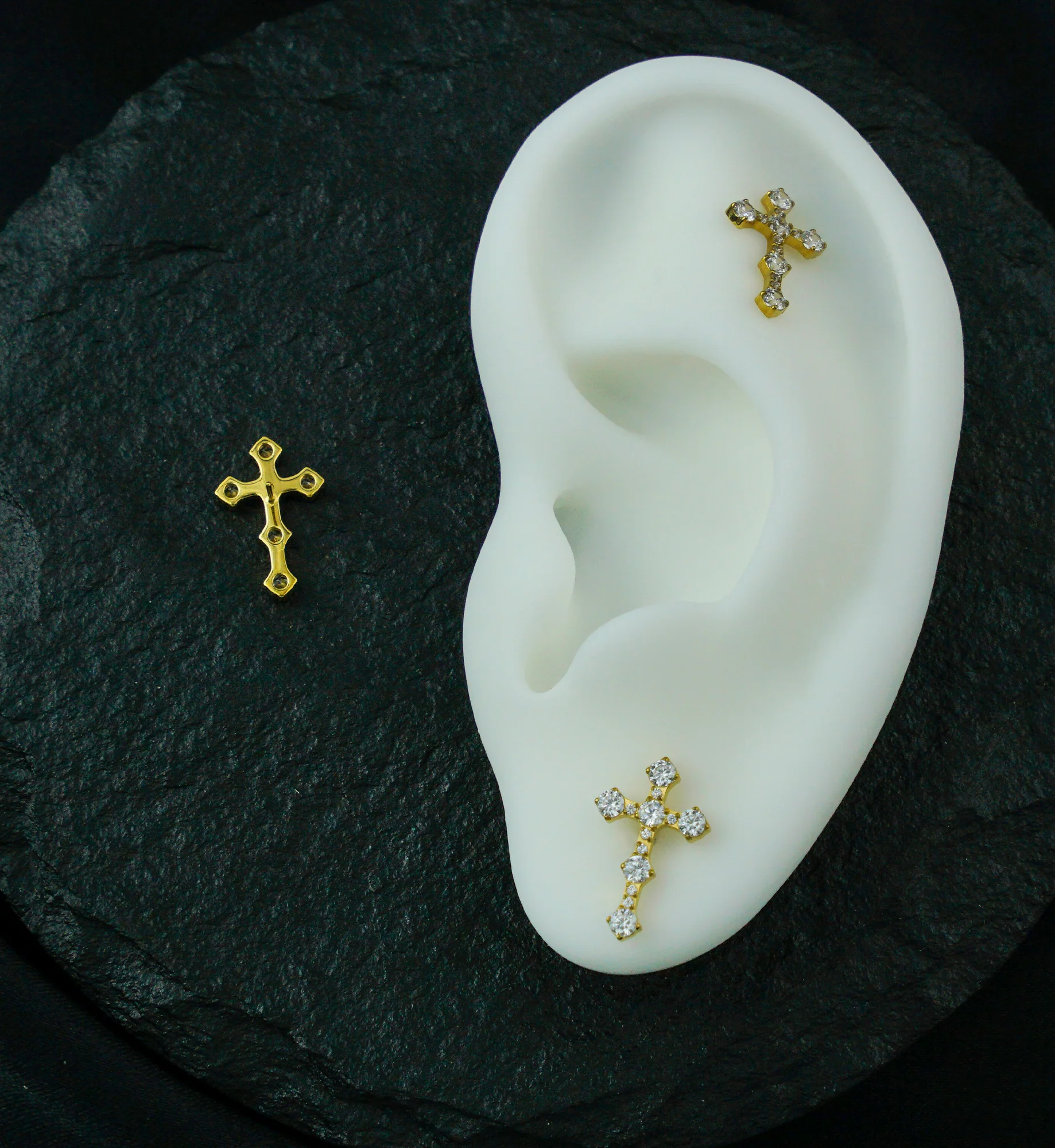 Gold PVD Baroque Cross Clear CZ Titanium Threadless Top - Image 2