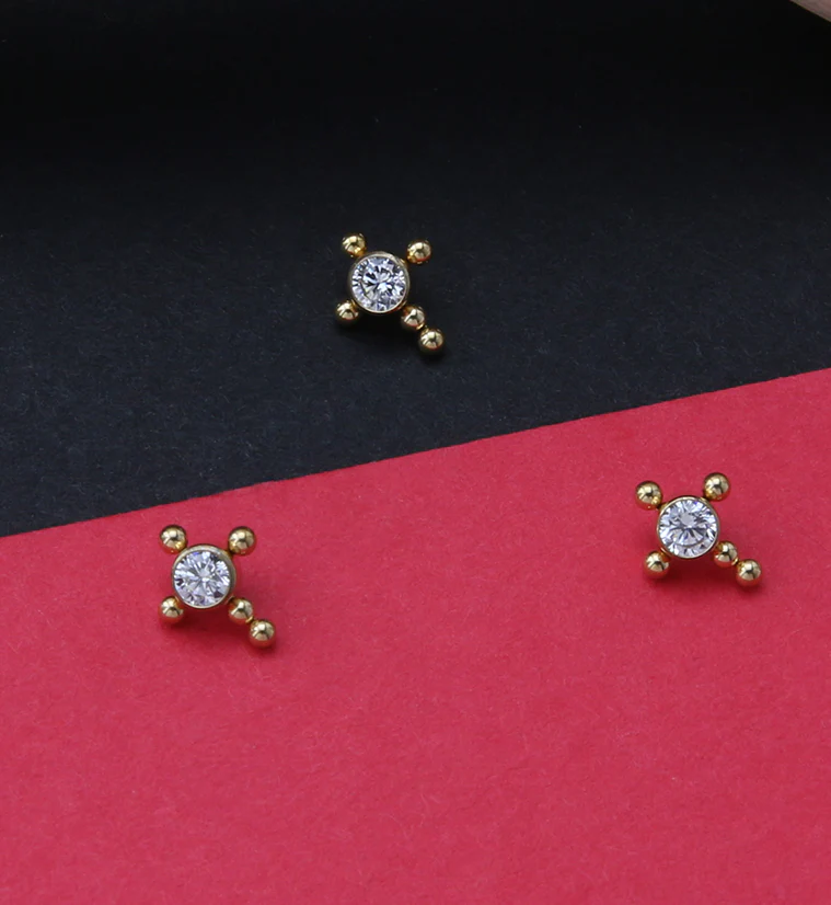 Gold PVD Beaded Cross Clear CZ Titanium Internally Threaded Top - Image 2