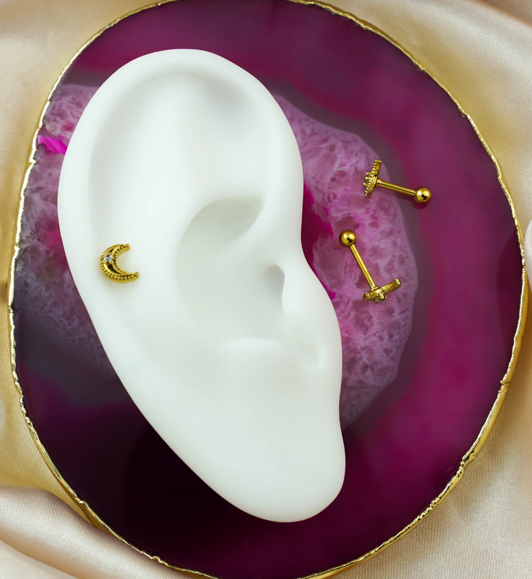 Gold PVD Beaded Half Moon Clear CZ Cartilage Barbell - Image 2