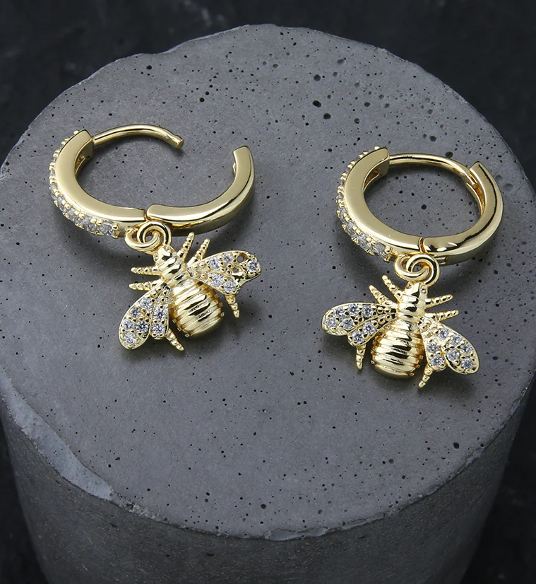 Gold PVD Bee CZ Stainless Steel Hoop Earrings - Image 2