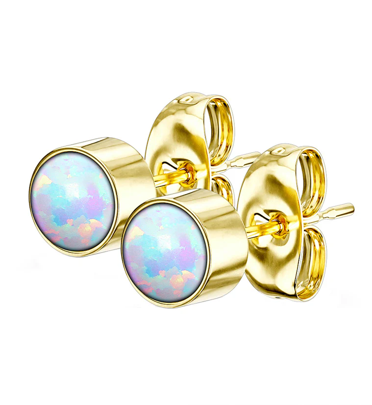 Gold PVD Bezel White Opalite Stainless Steel Earrings