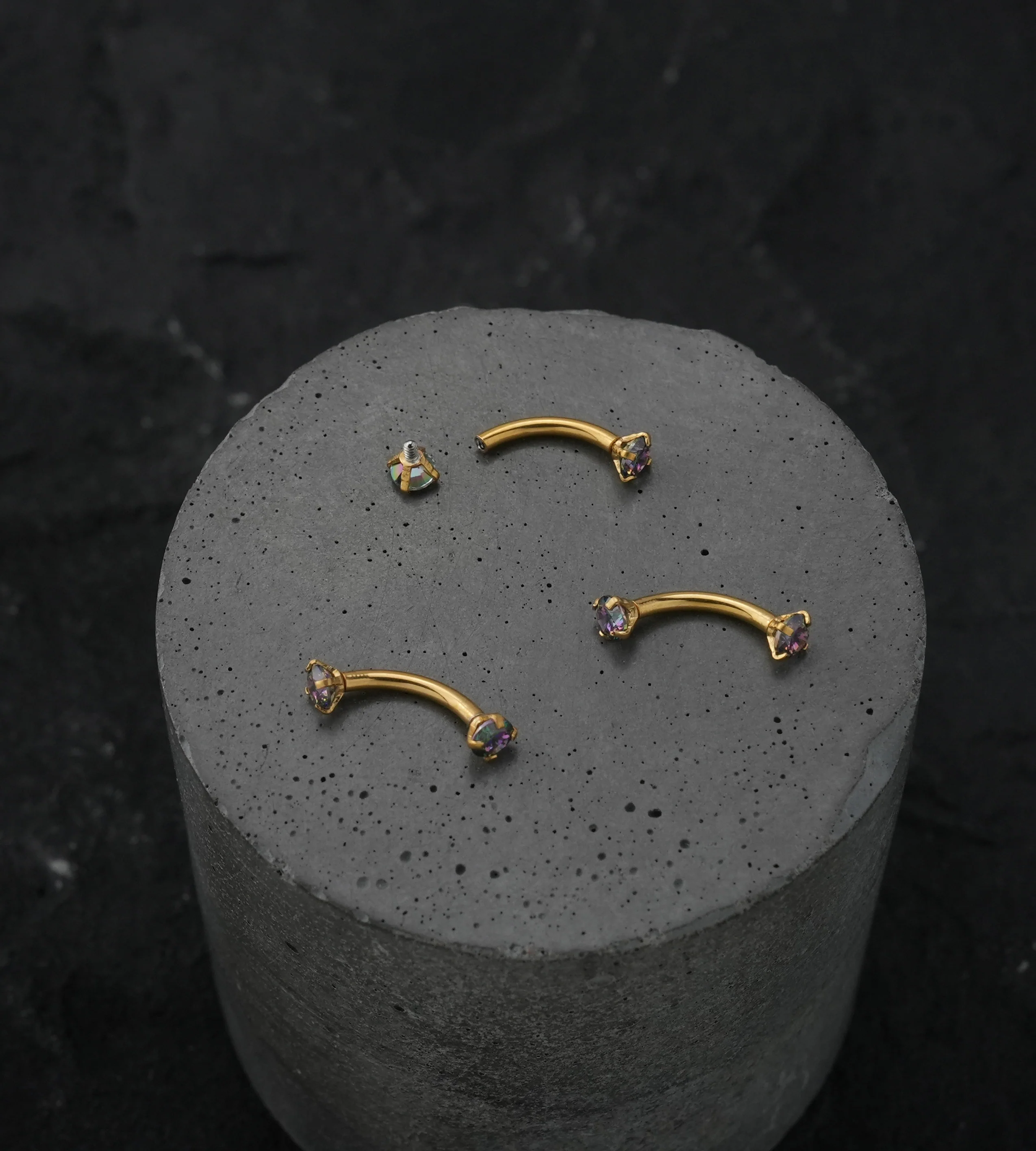 Gold PVD Black Aurora CZ Prong Set Stainless Steel Curved Barbell - Image 2
