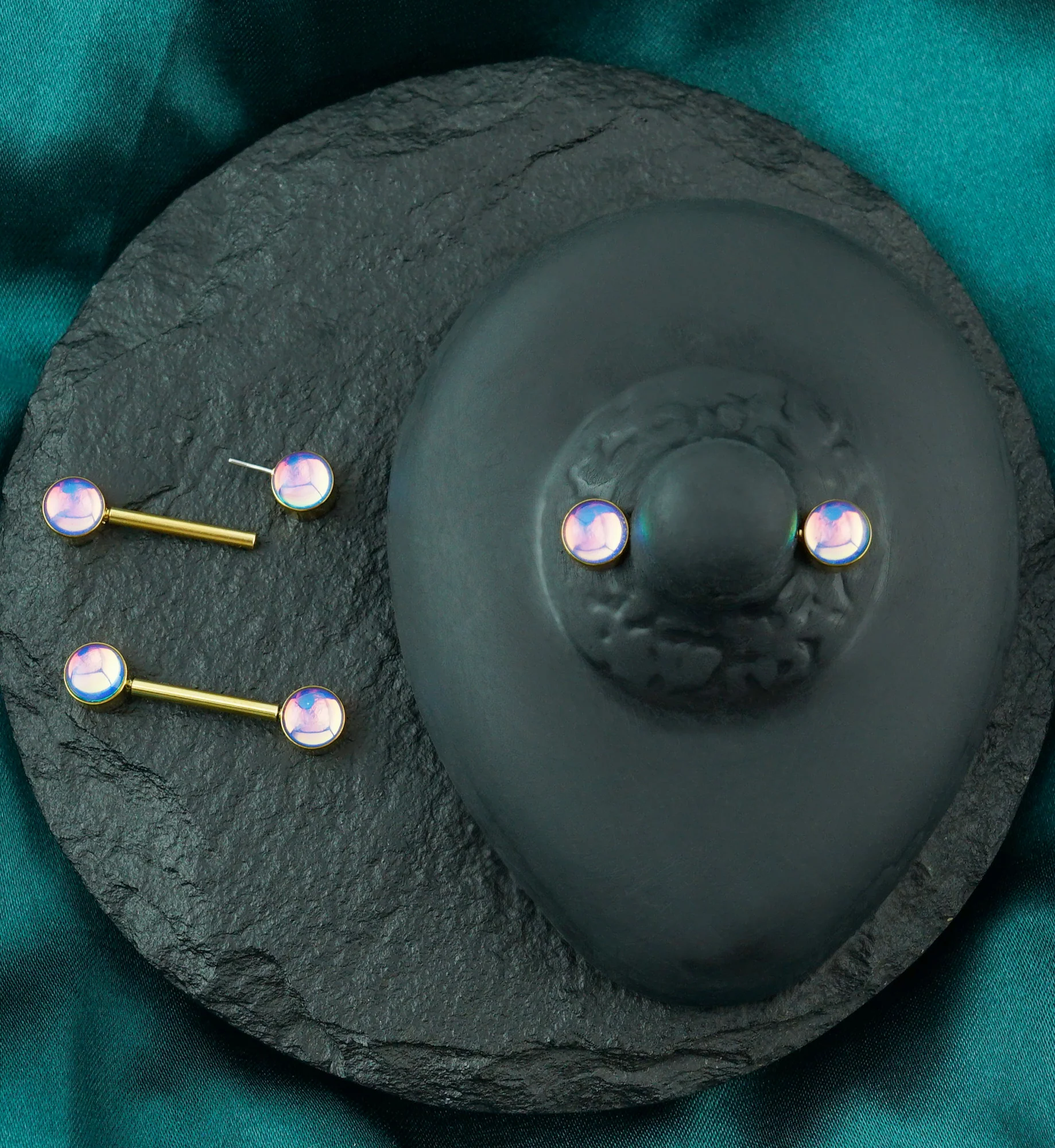 Gold PVD Blue Iridescent Gem Stainless Steel Nipple Ring Barbell - Image 2