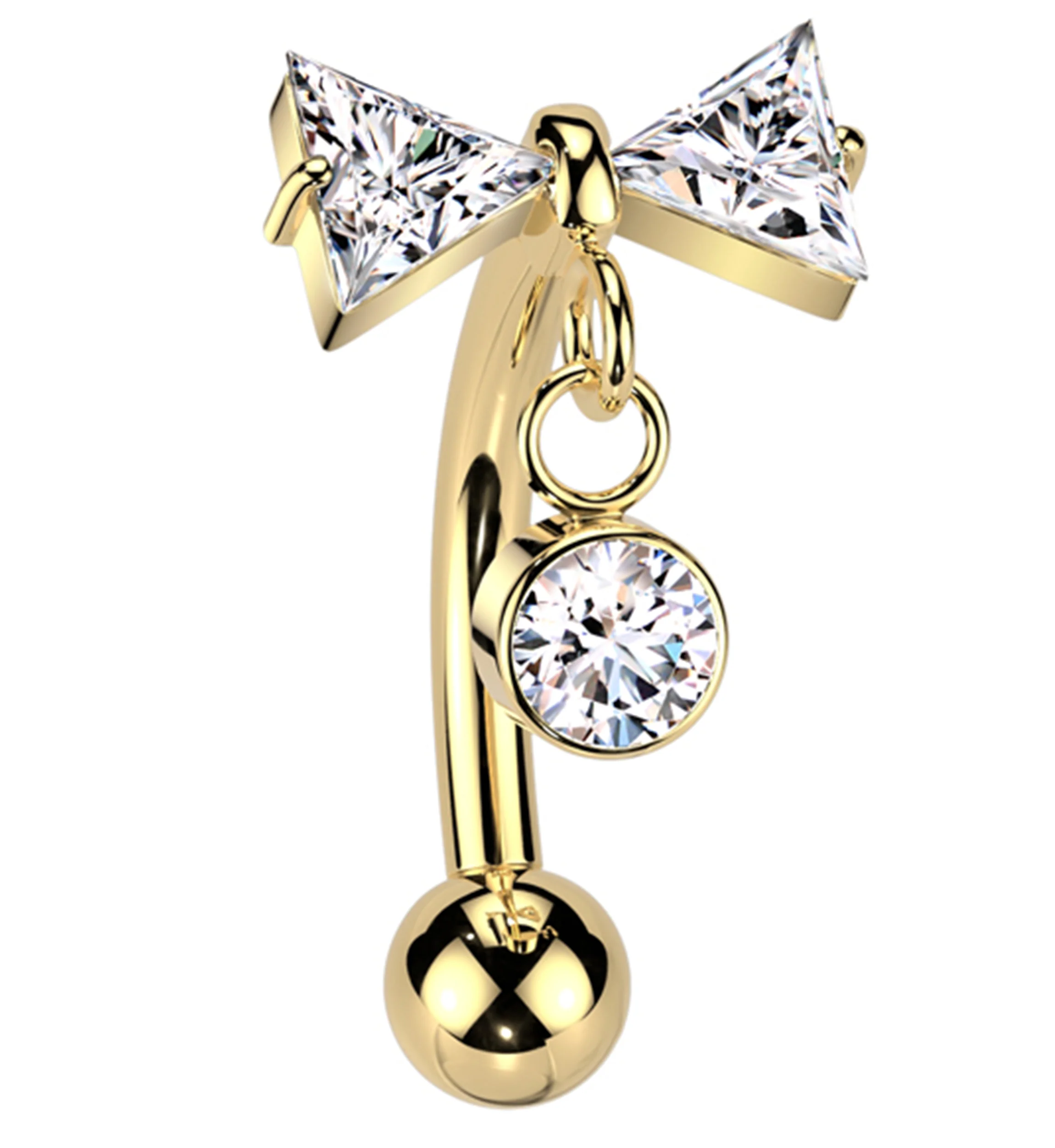 16G Gold PVD Bow Dangle Clear CZ Threadless Titanium Curved Barbell