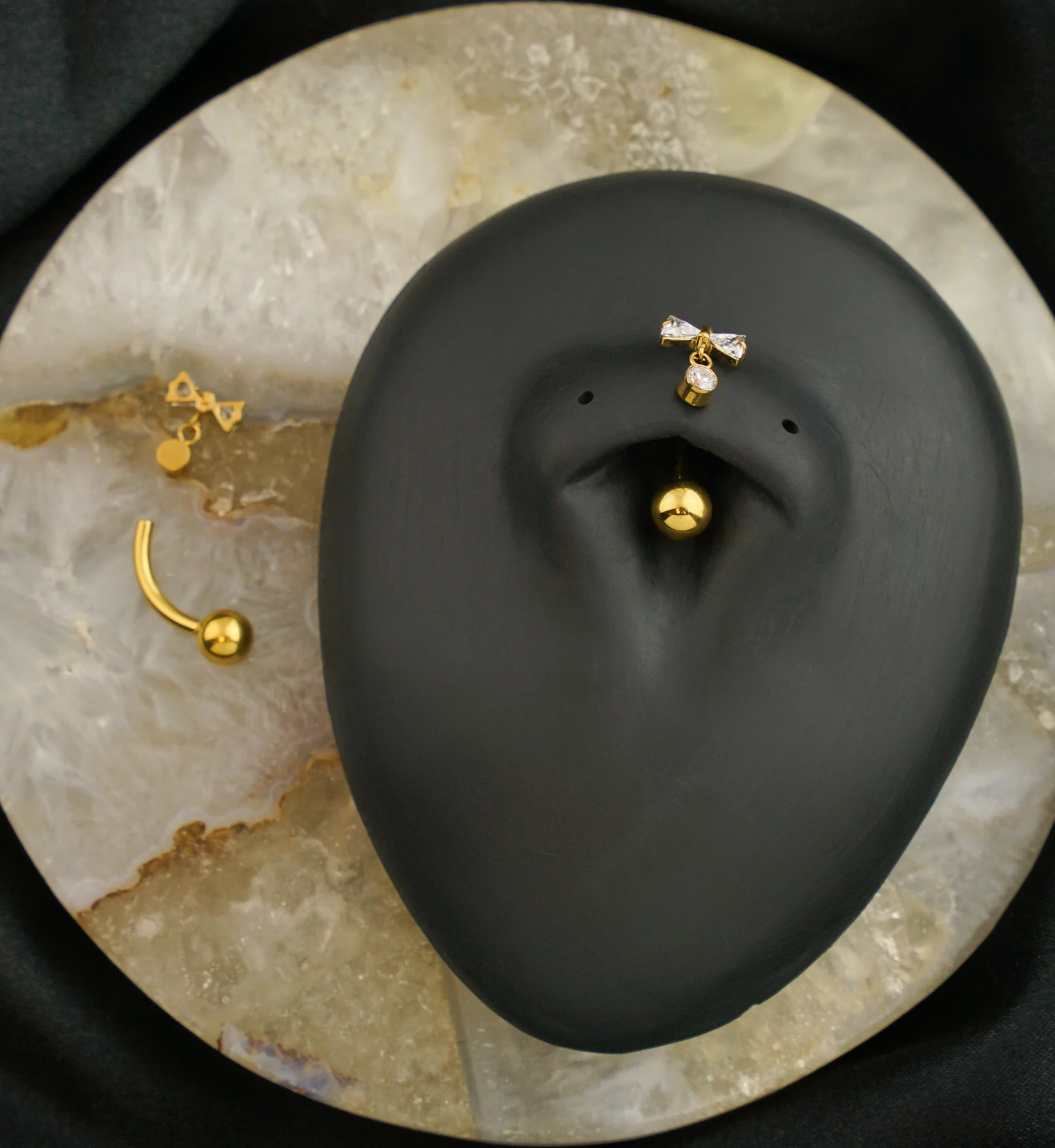 Gold PVD Bow Dangle Clear CZ Titanium Curved Barbell - Image 2