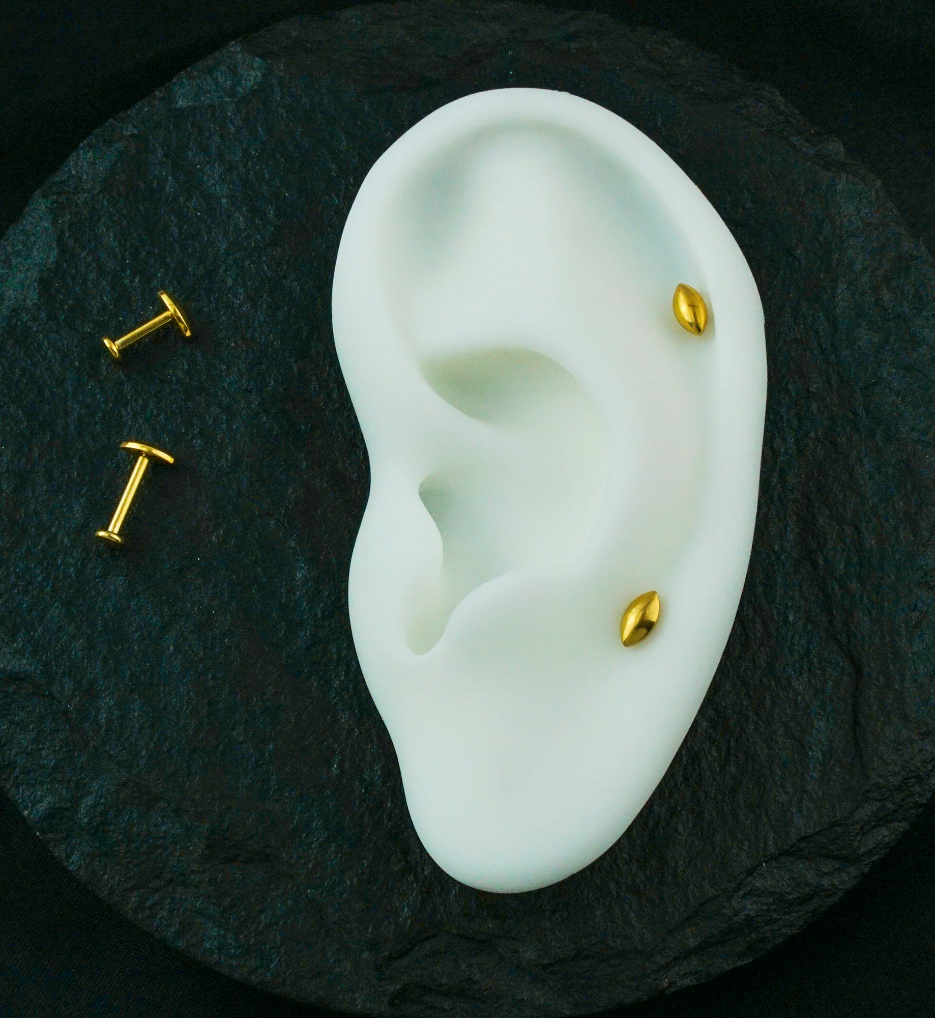 Gold PVD Compact Marquise Internally Threaded Titanium Flat Disk Labret - Image 2