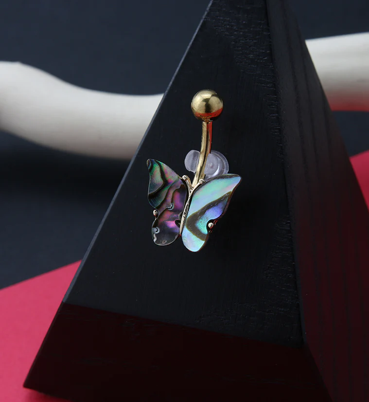 Gold PVD Butterfly Abalone Shell Belly Button Ring - Image 2