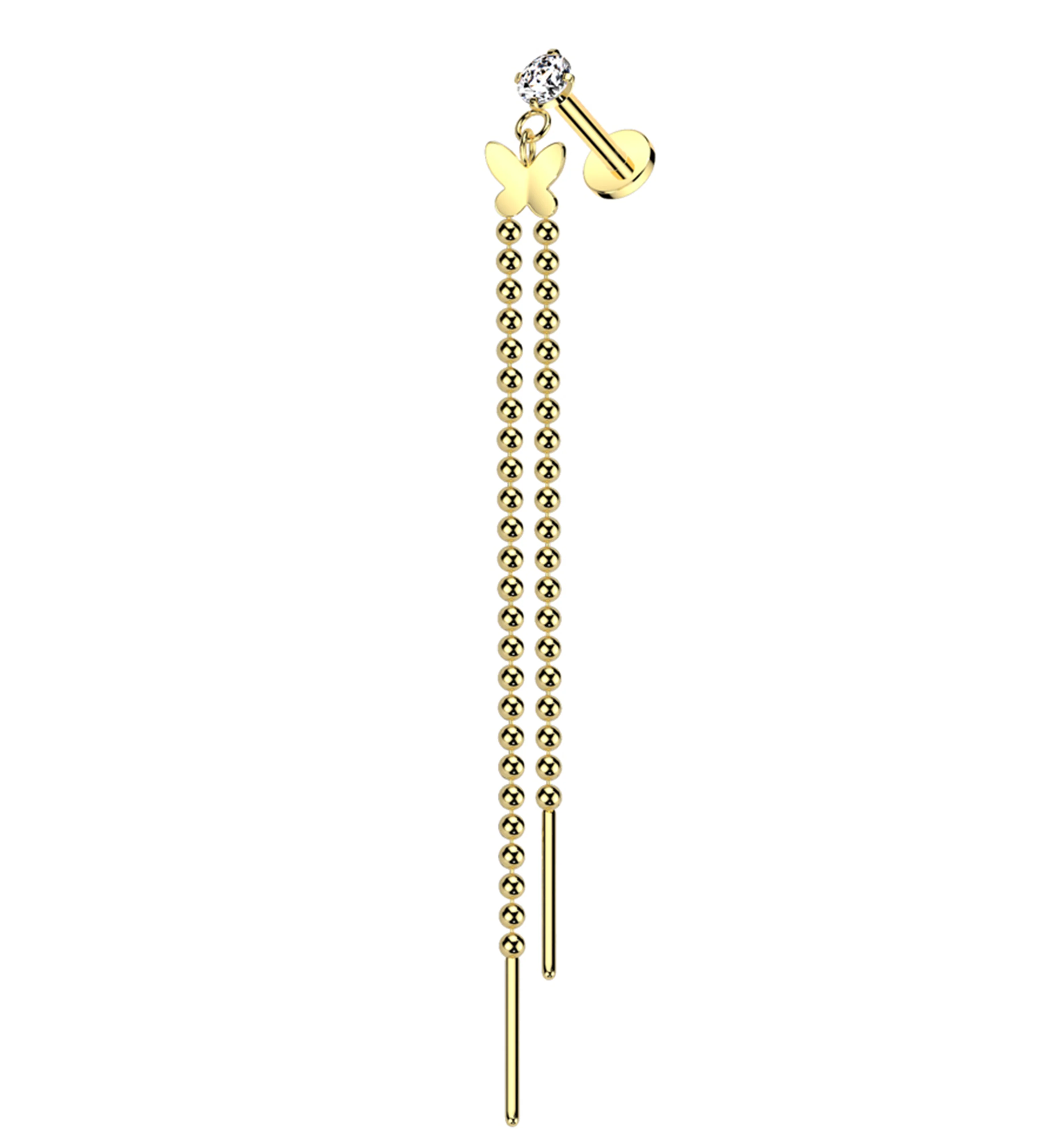 Gold PVD Butterfly Beaded Dangle Chain Stainless Steel Internally Threaded Labret