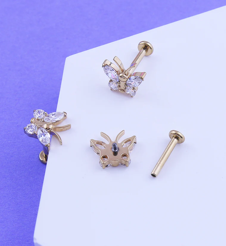 Gold PVD Butterfly Clear CZ Titanium Internally Threaded Labret - Image 2