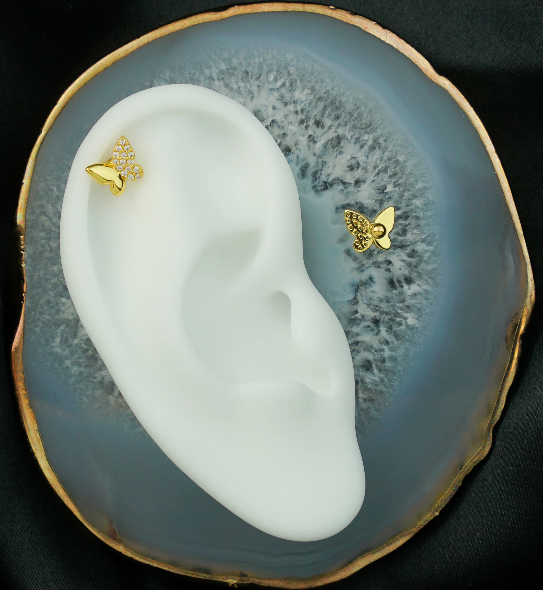 Gold PVD Butterfly Half Pave Clear CZ Cartilage Barbell - Image 2