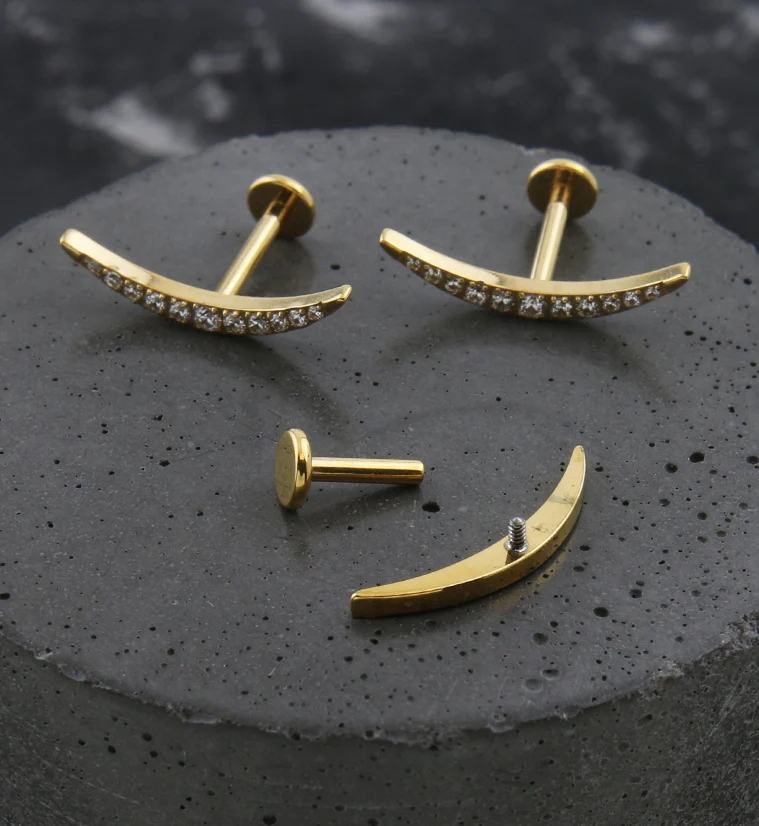 Gold PVD Camber Clear CZ Internally Threaded Titanium Labret - Image 2