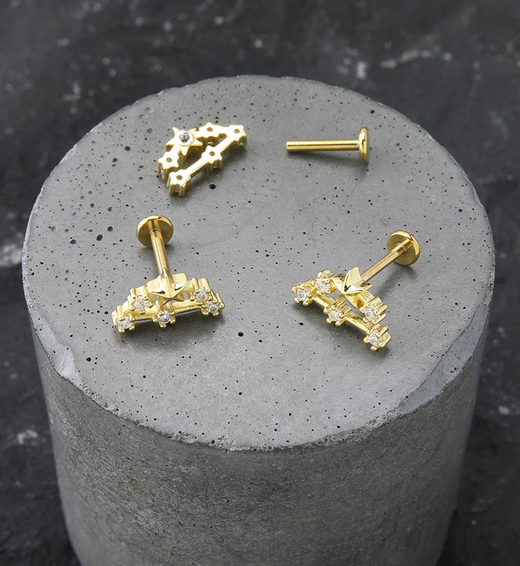 Gold PVD Capricorn Constellation Clear CZ Stainless Steel Internally Threaded Labret - Image 2