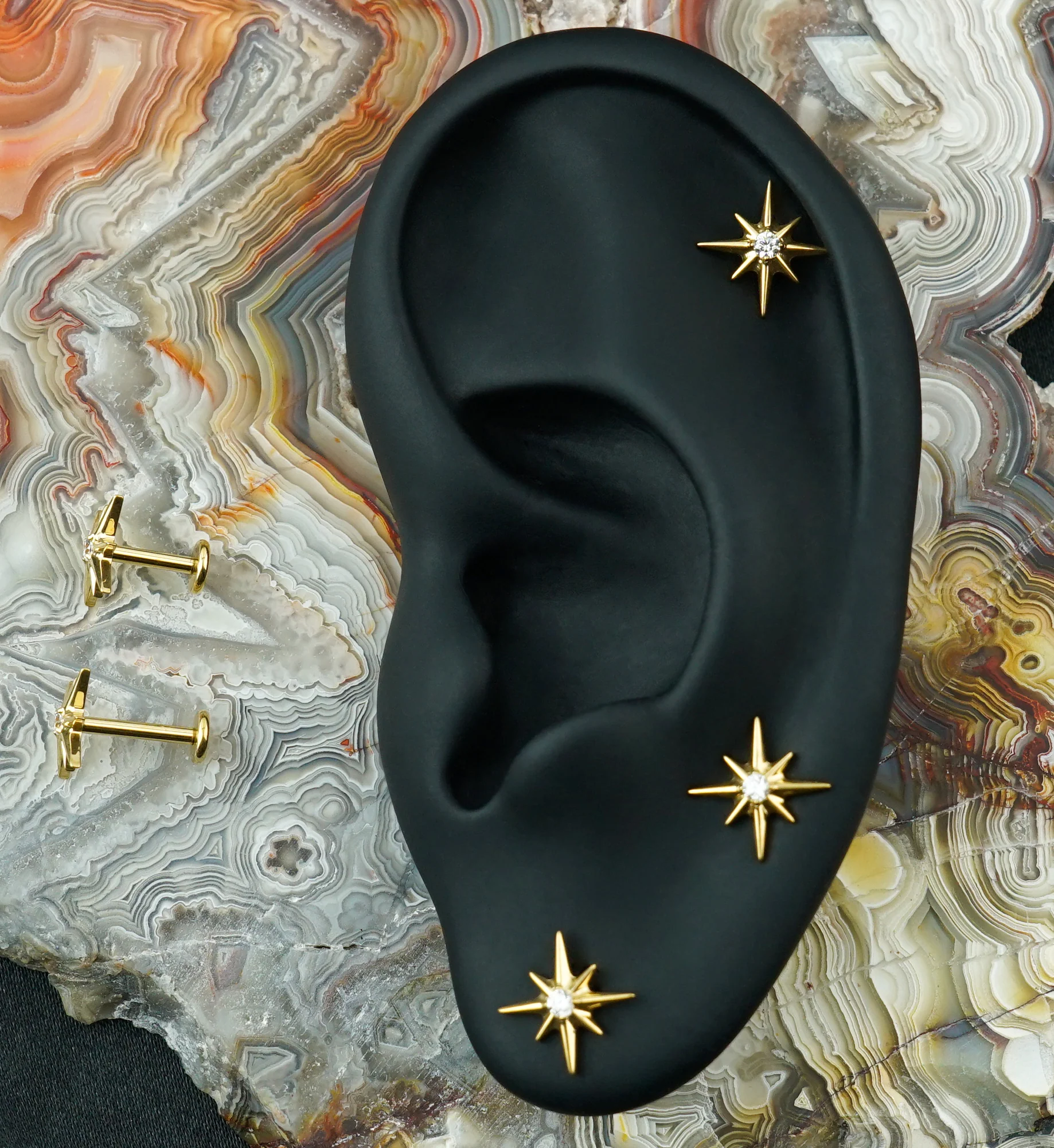Gold PVD Cardinal Points CZ Titanium Internally Threaded Labret - Image 2