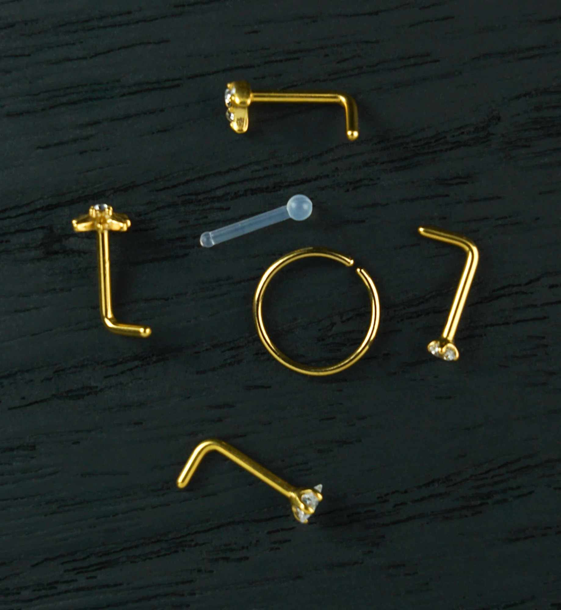 Gold PVD Celestial Clear CZ Stainless Steel L Bend/Stud/Hoop Variety Nose Ring Pack (6 Pc)