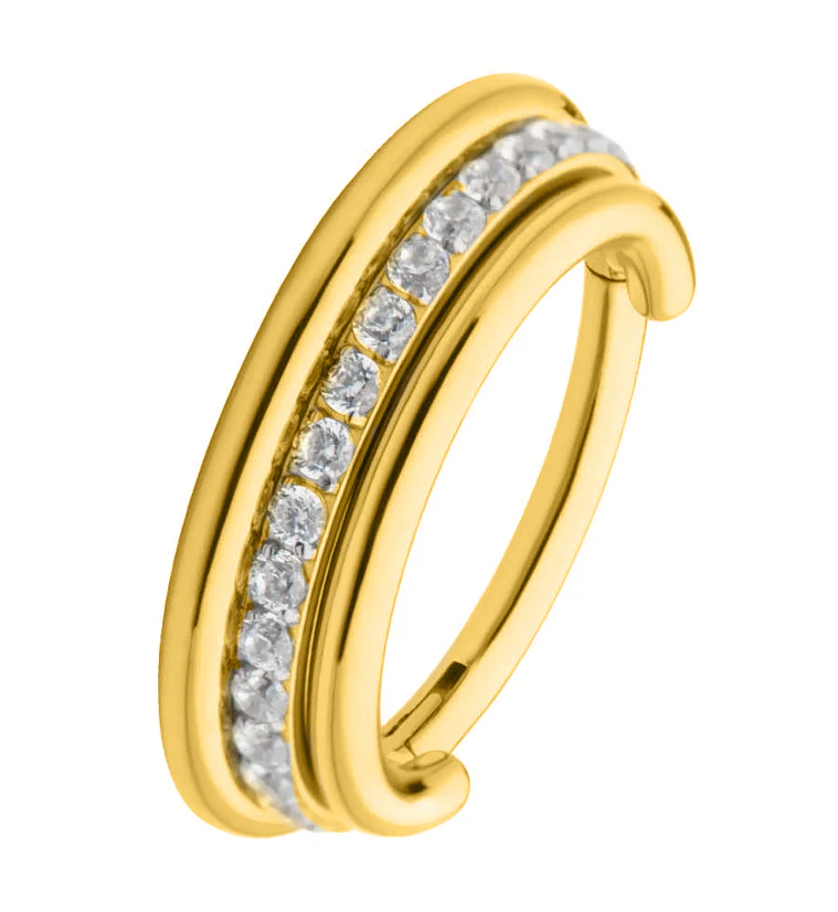 Gold PVD Center Clear CZ Row Hinged Stainless Steel Segment Ring