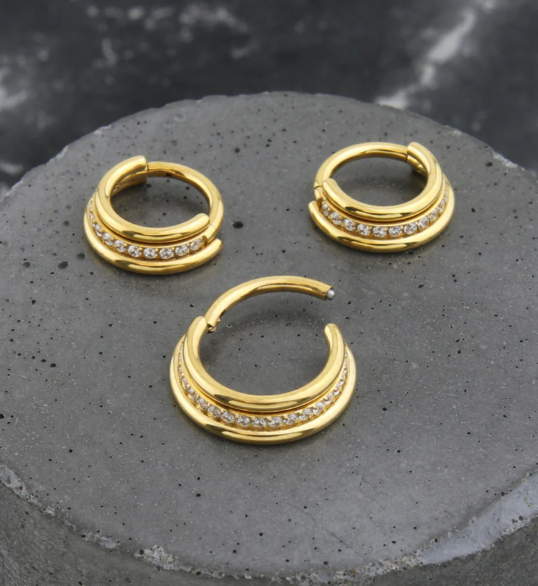 Gold PVD Center Clear CZ Row Hinged Stainless Steel Segment Ring - Image 2