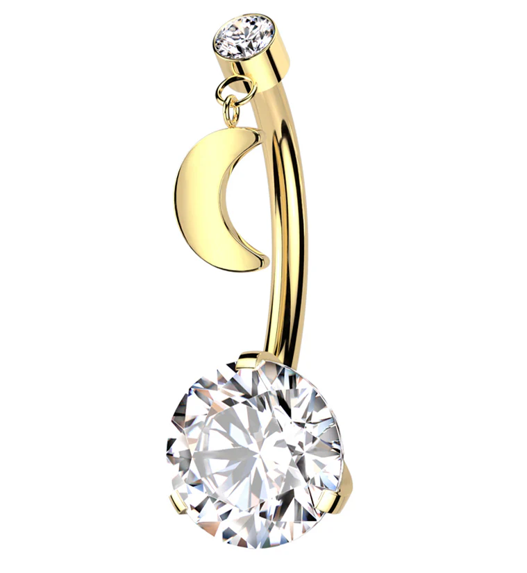 Gold PVD Clear CZ Dangle Half Moon Titanium Threadless Belly Button Ring