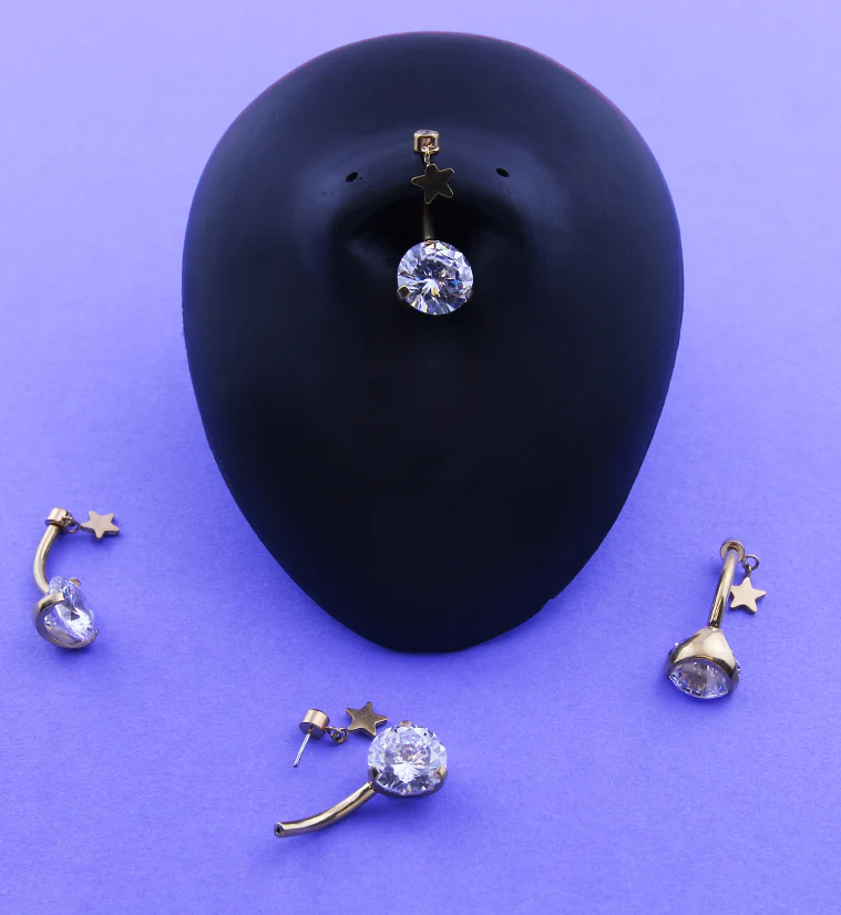 Gold PVD Clear CZ Dangle Star Titanium Threadless Belly Button Ring - Image 2
