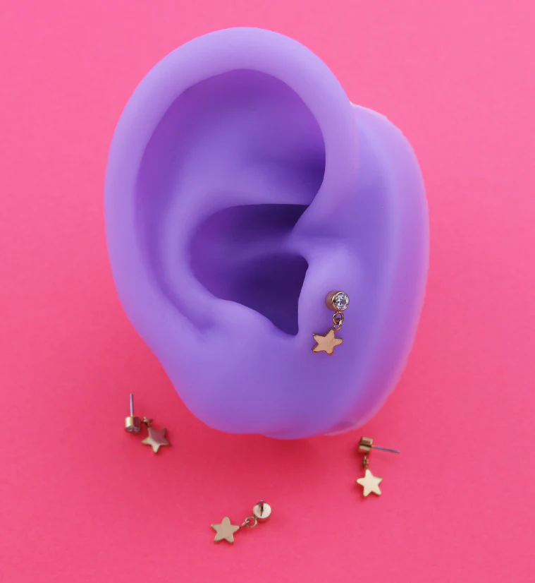 Gold PVD Clear CZ Dangle Star Titanium Threadless Top - Image 2