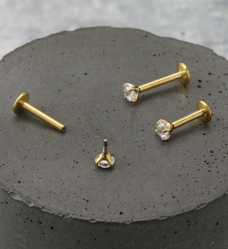 Gold PVD Clear CZ Prong Labret Stud (Convex Disk) - Image 2