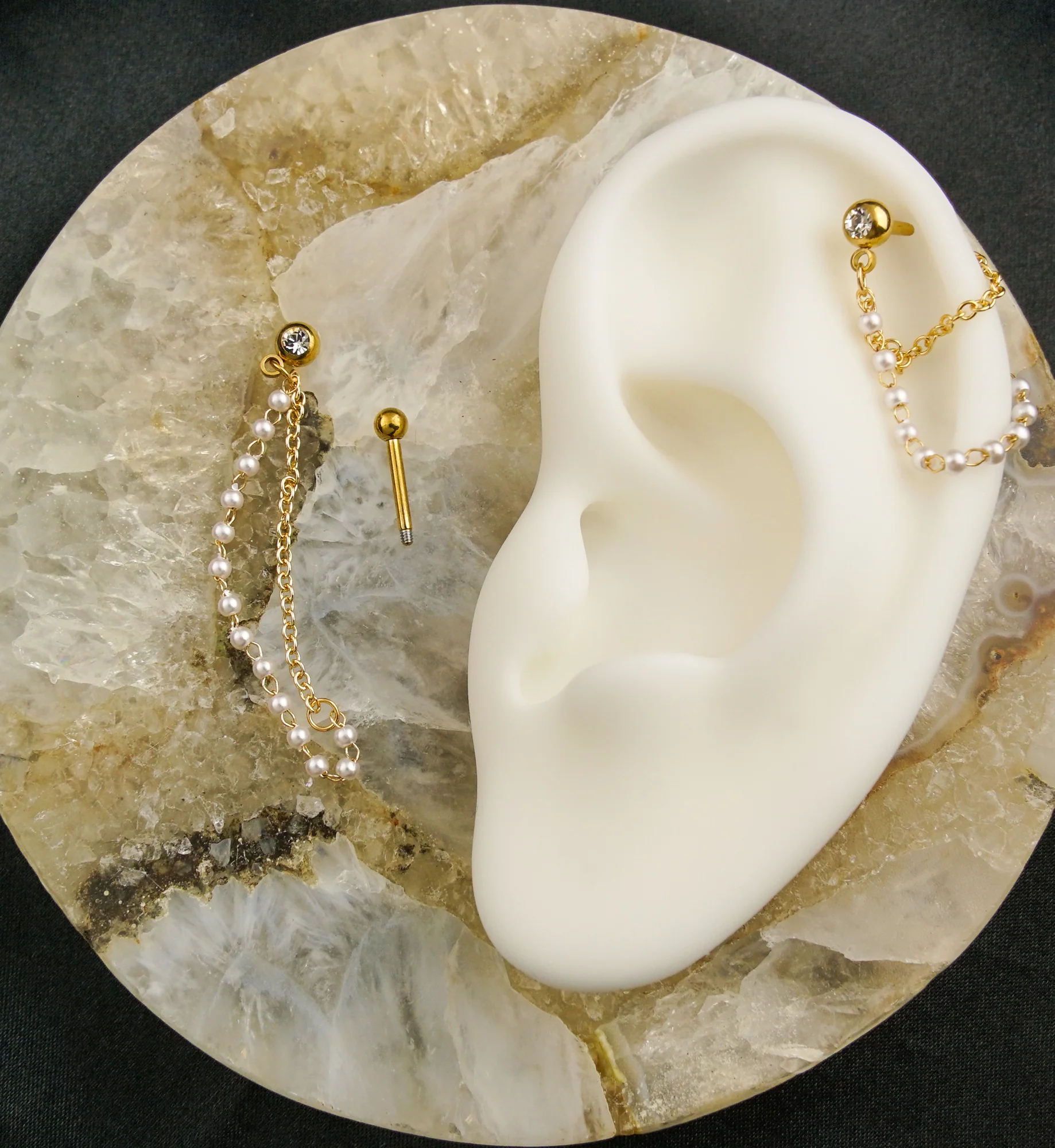 Gold PVD Clear CZ Stainless Steel Mini Pearl Dangle Chain - Image 2