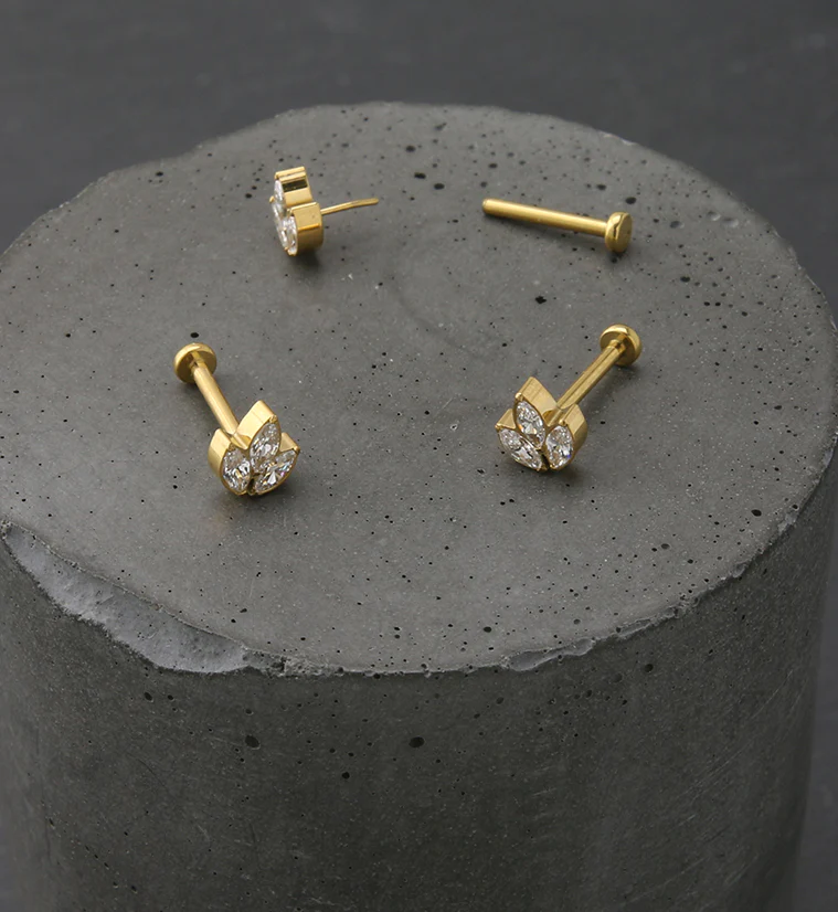Gold PVD Clear CZ Tri Sepal Titanium Threadless Labret - Image 2